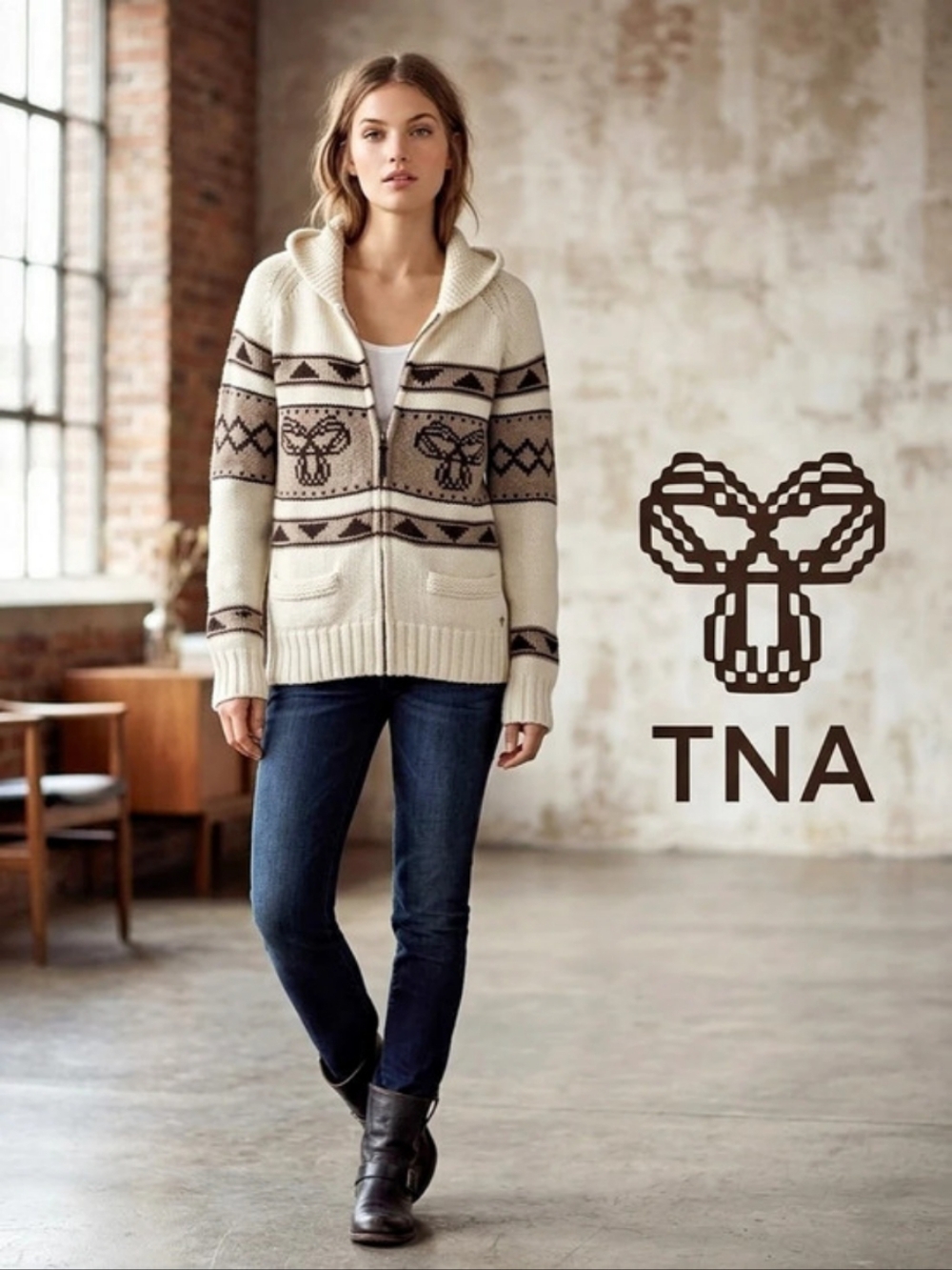 TNA Echo Zip-Up Fair Isle Cowl Neck Sweater Cream & Brown Large As Is